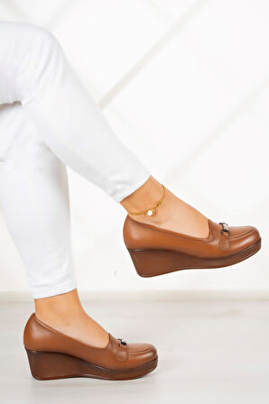 Maika Taba Hakiki Deri Dolgu Topuklu Günlük Ayakkabı