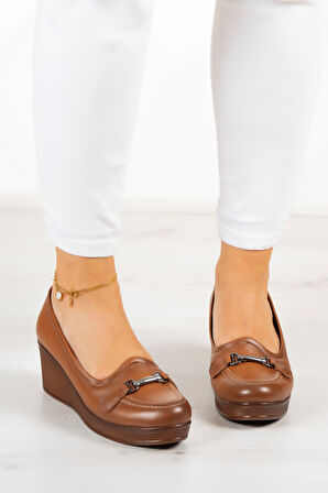 Maika Taba Hakiki Deri Dolgu Topuklu Günlük Ayakkabı