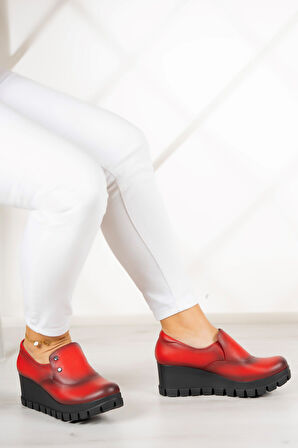 Gloria Kırmızı Hakiki Deri Dolgu Topuklu Günlük Ayakkabı