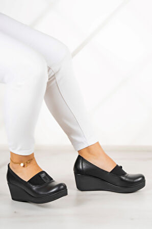 Daisy Siyah Hakiki Deri Dolgu Topuklu Günlük Ayakkabı