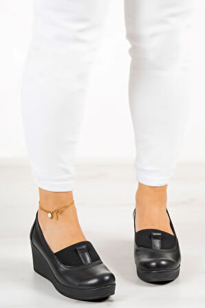 Daisy Siyah Hakiki Deri Dolgu Topuklu Günlük Ayakkabı