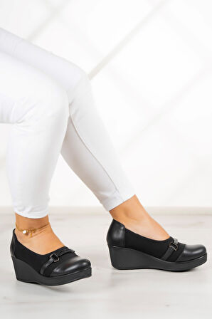 Blake Siyah Hakiki Deri Dolgu Topuklu Streç Günlük Ayakkabı