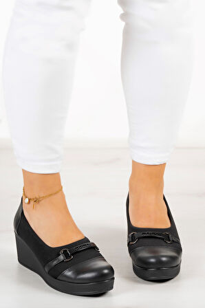 Blake Siyah Hakiki Deri Dolgu Topuklu Streç Günlük Ayakkabı