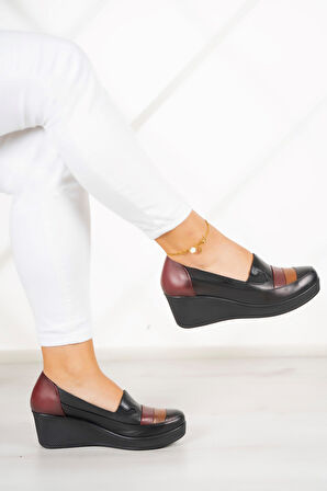 Anya Siyah Hakiki Deri Dolgu Topuklu Günlük Ayakkabı