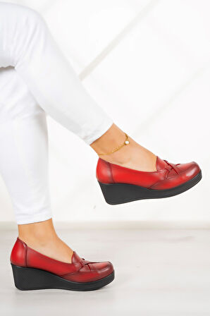 Shay Kırmızı Hakiki Deri Dolgu Topuklu Günlük Ayakkabı