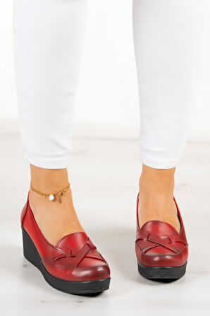 Shay Kırmızı Hakiki Deri Dolgu Topuklu Günlük Ayakkabı