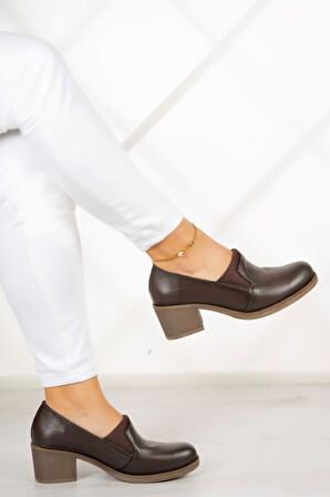 Alizee Kahverengi Hakiki Deri Günlük Topuklu Ayakkabı