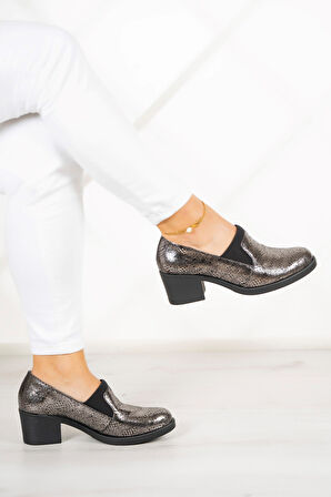Alizee Gümüş Yılan Hakiki Deri Günlük Topuklu Ayakkabı