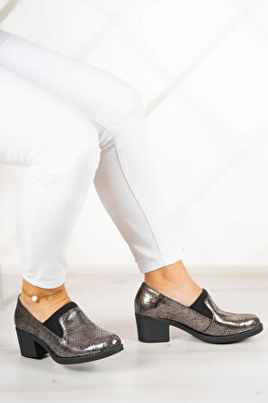 Alizee Gümüş Yılan Hakiki Deri Günlük Topuklu Ayakkabı