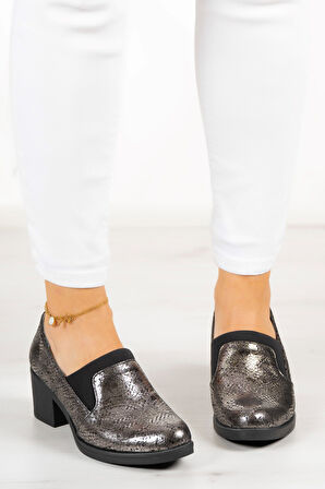 Alizee Gümüş Yılan Hakiki Deri Günlük Topuklu Ayakkabı