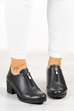 Brittany Siyah Hakiki Deri Günlük Topuklu Ayakkabı