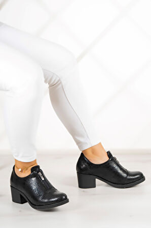 Brittany Siyah Yılan Hakiki Deri Günlük Topuklu Ayakkabı