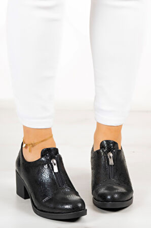 Brittany Siyah Yılan Hakiki Deri Günlük Topuklu Ayakkabı