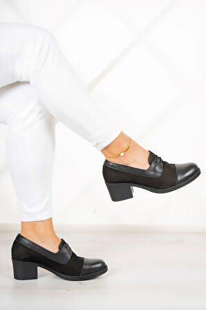 Mellody Siyah Hakiki Deri Günlük Topuklu Ayakkabı