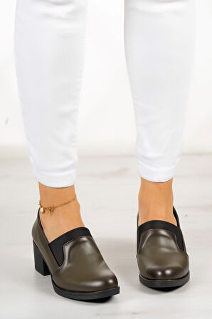 Alizee Haki Hakiki Deri Günlük Topuklu Ayakkabı