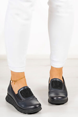 Morena Lacivert Hakiki Deri Taşlı Günlük Ayakkabı