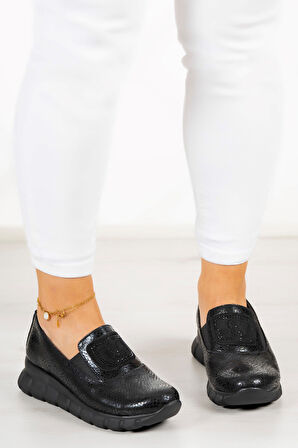 Morena Siyah Yılan Hakiki Deri Taşlı Günlük Ayakkabı