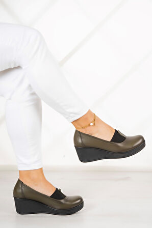 Daisy Haki Hakiki Deri Dolgu Topuklu Günlük Ayakkabı