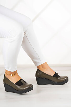 Daisy Haki Hakiki Deri Dolgu Topuklu Günlük Ayakkabı