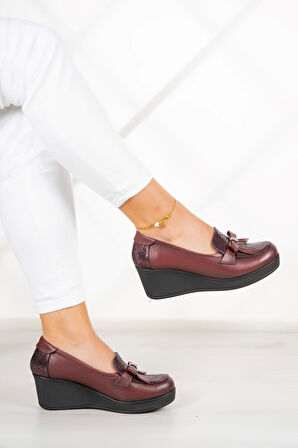 Emma Bordo Hakiki Deri Dolgu Topuklu Günlük Ayakkabı