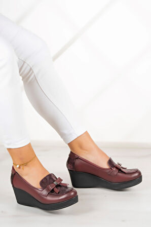 Emma Bordo Hakiki Deri Dolgu Topuklu Günlük Ayakkabı