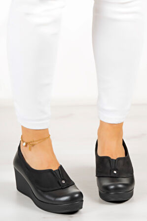 Sadie Siyah Hakiki Deri Dolgu Topuklu Günlük Ayakkabı