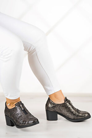 Brittany Gümüş Yılan Hakiki Deri Günlük Topuklu Ayakkabı