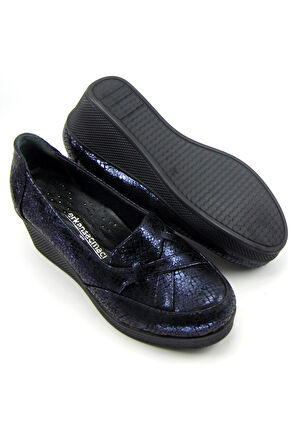 Shay Lacivert Yılan Hakiki Deri Dolgu Topuklu Günlük Ayakkabı