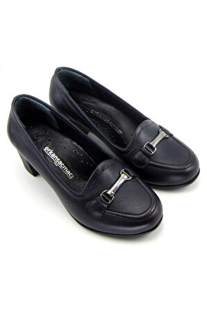 Elize Lacivert Hakiki Deri Topuklu Loafer Ayakkabı