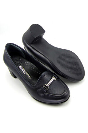 Elize Lacivert Hakiki Deri Topuklu Loafer Ayakkabı