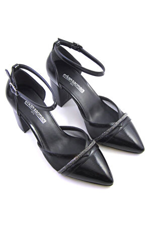 Molly Siyah Rugan Taşlı Fileli Kalın Topuklu Ayakkabı