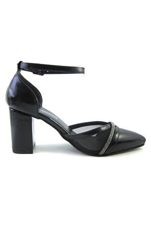 Molly Siyah Rugan Taşlı Fileli Kalın Topuklu Ayakkabı