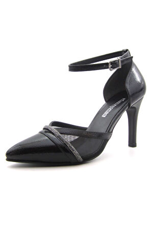 Kaylee Siyah Rugan Fileli Taşlı Stiletto