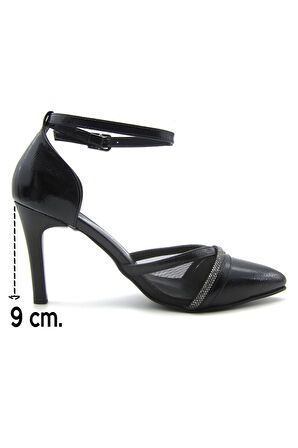 Kaylee Siyah Rugan Fileli Taşlı Stiletto