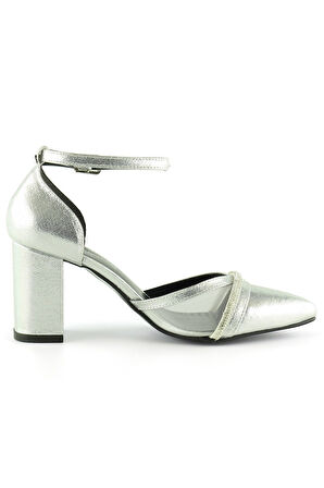 Molly Lame Taşlı Fileli Kalın Topuklu Ayakkabı 7 cm.