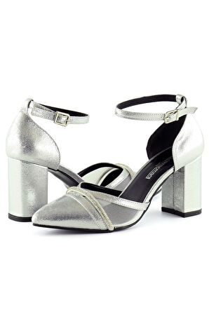 Molly Lame Taşlı Fileli Kalın Topuklu Ayakkabı 7 cm.