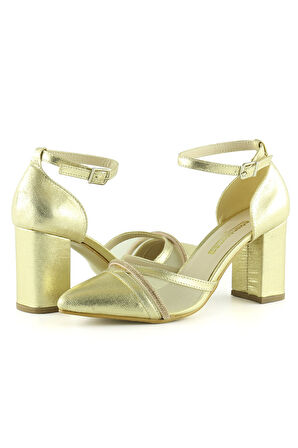 Molly Dore Taşlı Fileli Kalın Topuklu Ayakkabı 7 cm.