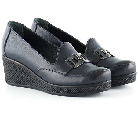 Dafne Lacivert Hakiki Deri Dolgu Topuklu Günlük Ayakkabı