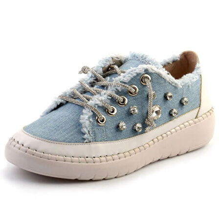 Valentina Mavi Denim Kristal Taşlı Gümüş Bağcıklı Sneaker