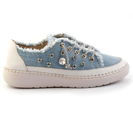 Valentina Mavi Denim Kristal Taşlı Gümüş Bağcıklı Sneaker