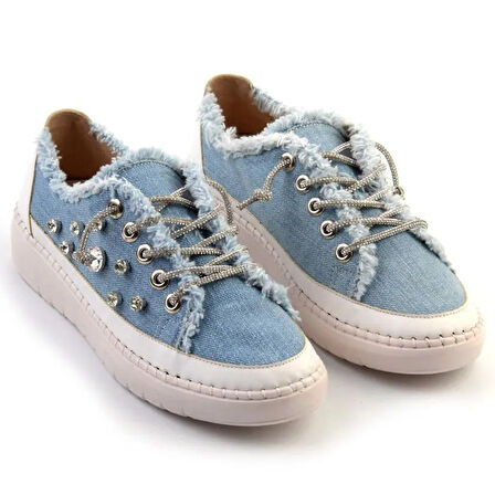 Valentina Mavi Denim Kristal Taşlı Gümüş Bağcıklı Sneaker