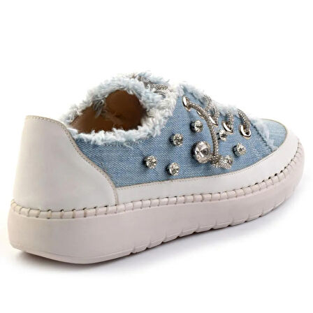 Valentina Mavi Denim Kristal Taşlı Gümüş Bağcıklı Sneaker