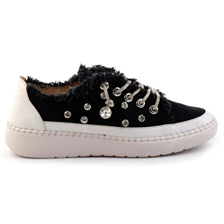 Valentina Siyah Denim Kristal Taşlı Gümüş Bağcıklı Sneaker