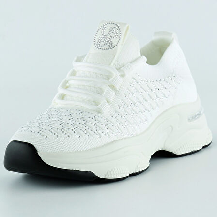 Beyaz Örgü Dokuma Taş Detaylı Bağcıklı Slip-on Sneaker