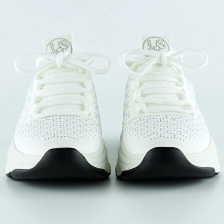 Beyaz Örgü Dokuma Taş Detaylı Bağcıklı Slip-on Sneaker