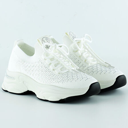 Beyaz Örgü Dokuma Taş Detaylı Bağcıklı Slip-on Sneaker