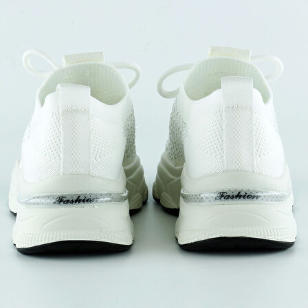 Beyaz Örgü Dokuma Taş Detaylı Bağcıklı Slip-on Sneaker