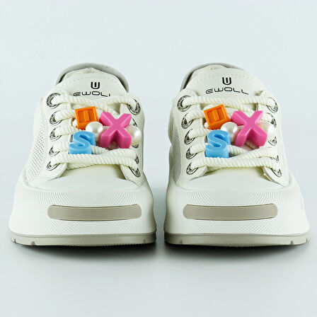 Bej Yüksek Taban Spor Fileli Harf Detaylı İncili Bağcıklı Platform Sneaker