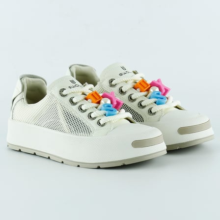 Bej Yüksek Taban Spor Fileli Harf Detaylı İncili Bağcıklı Platform Sneaker