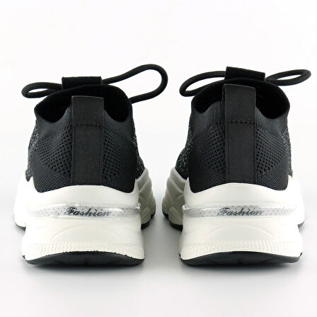 Siyah Örgü Dokuma Taş Detaylı Bağcıklı Slip-on Sneaker